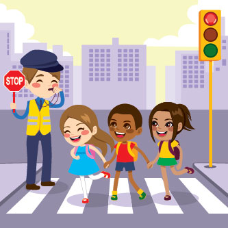 Kids happily cross the street with a crossing guard